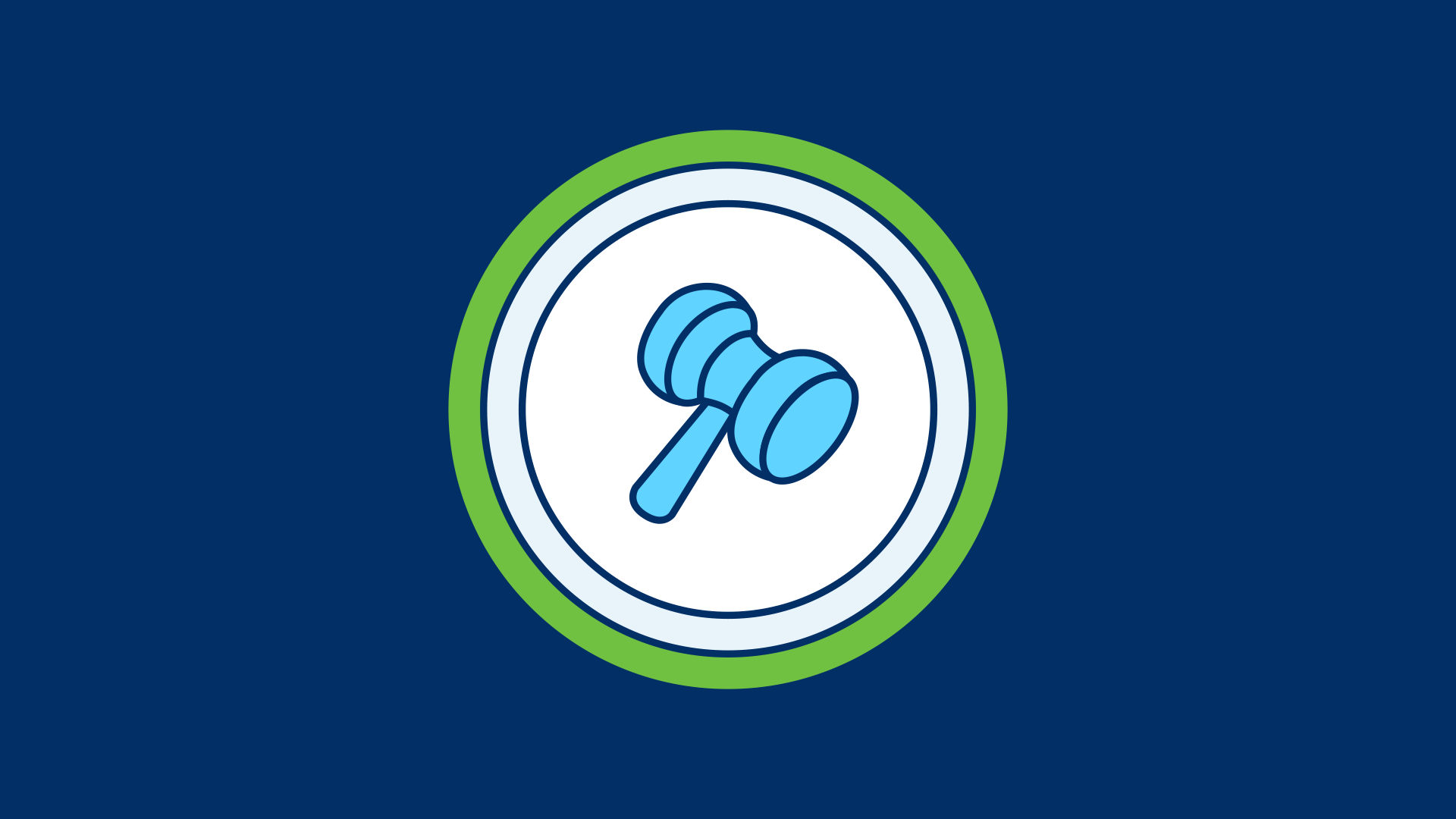 Illustration of a blue judge’s gavel centered inside a white circular badge with a green outer ring on a dark blue background.