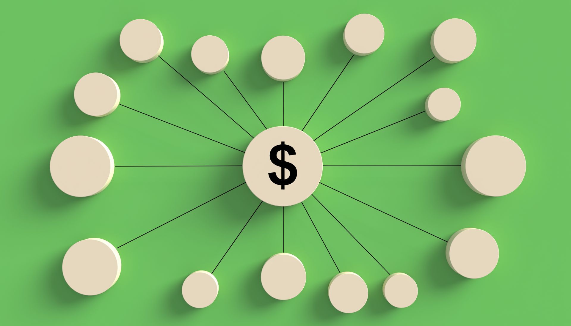 Central dollar symbol connected to multiple circles, illustrating the factors and components that contribute to overall cost.