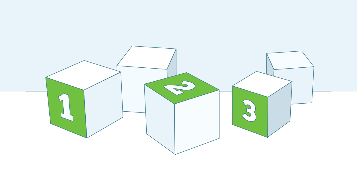 Three numbered 3D cubes (1, 2, 3) arranged in sequence, representing a step-by-step process.