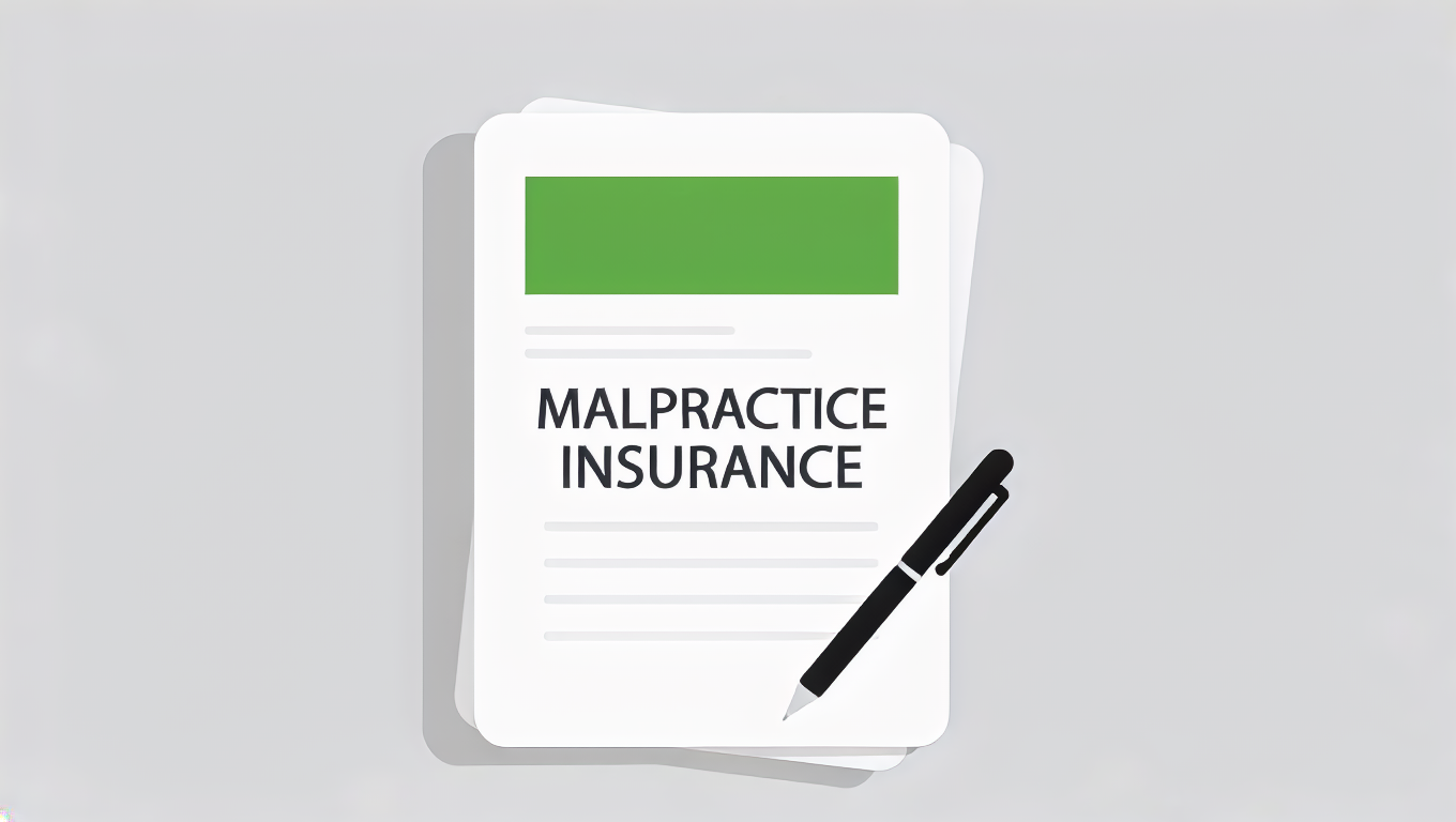 Illustration of a malpractice insurance document with a green header and the words “Malpractice Insurance” on the cover, accompanied by a black pen on a light gray background.