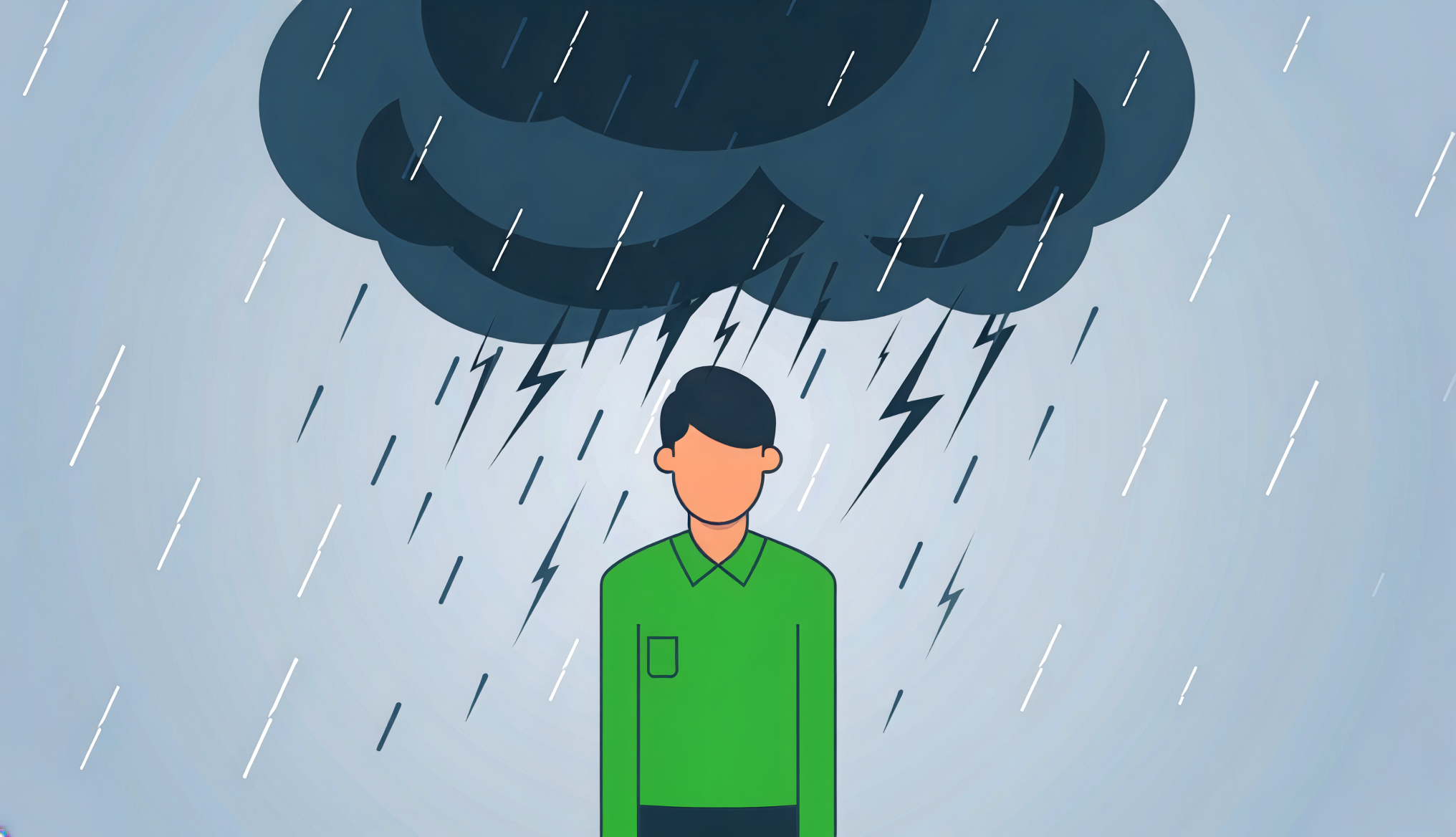 Illustration of a person standing beneath a dark storm cloud as heavy rain falls directly overhead, symbolizing stress, challenges, or uncertainty.