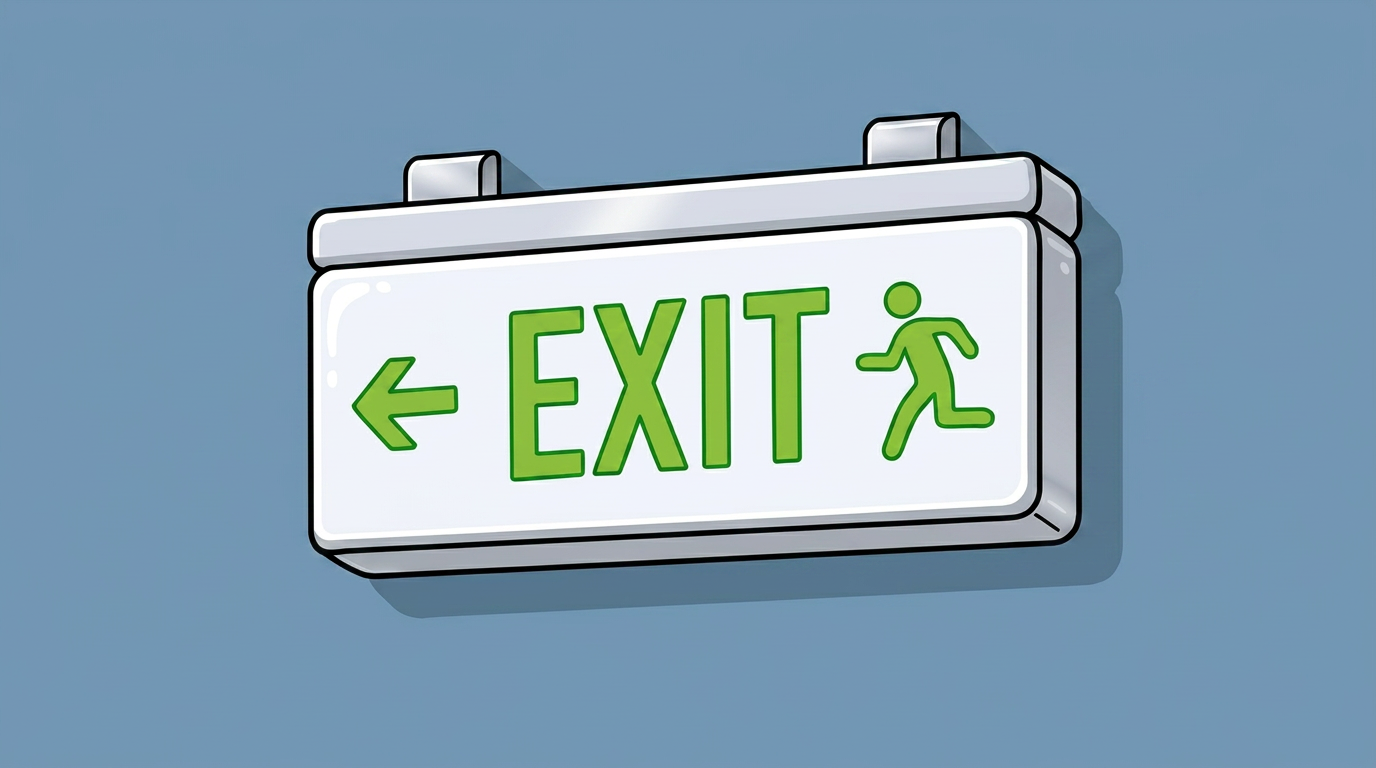 Illustration of a wall-mounted emergency exit sign with a green left-pointing arrow, the word “EXIT” in large green letters, and a running figure icon on a blue background.