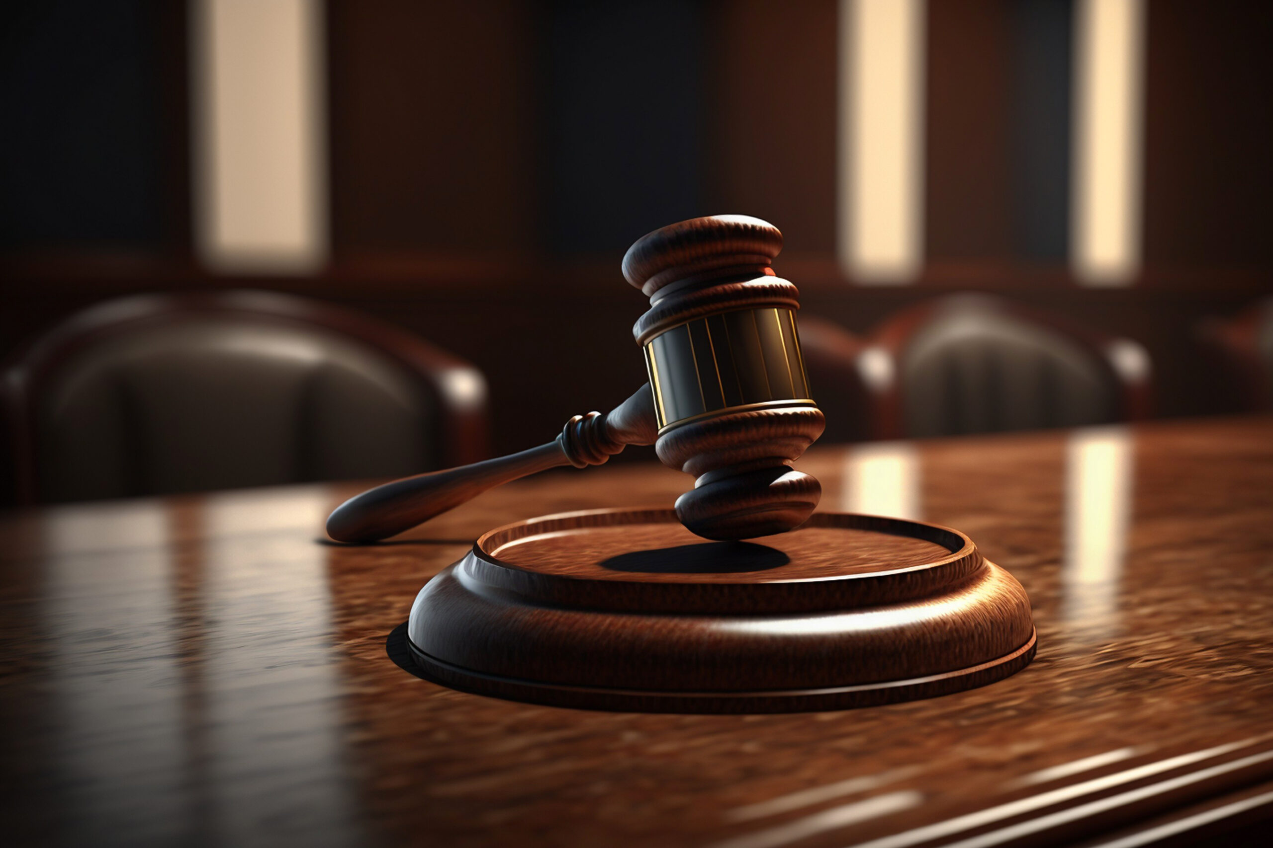Wooden judge's gavel resting on a desk in a courtroom, symbolizing legal proceedings and litigation.