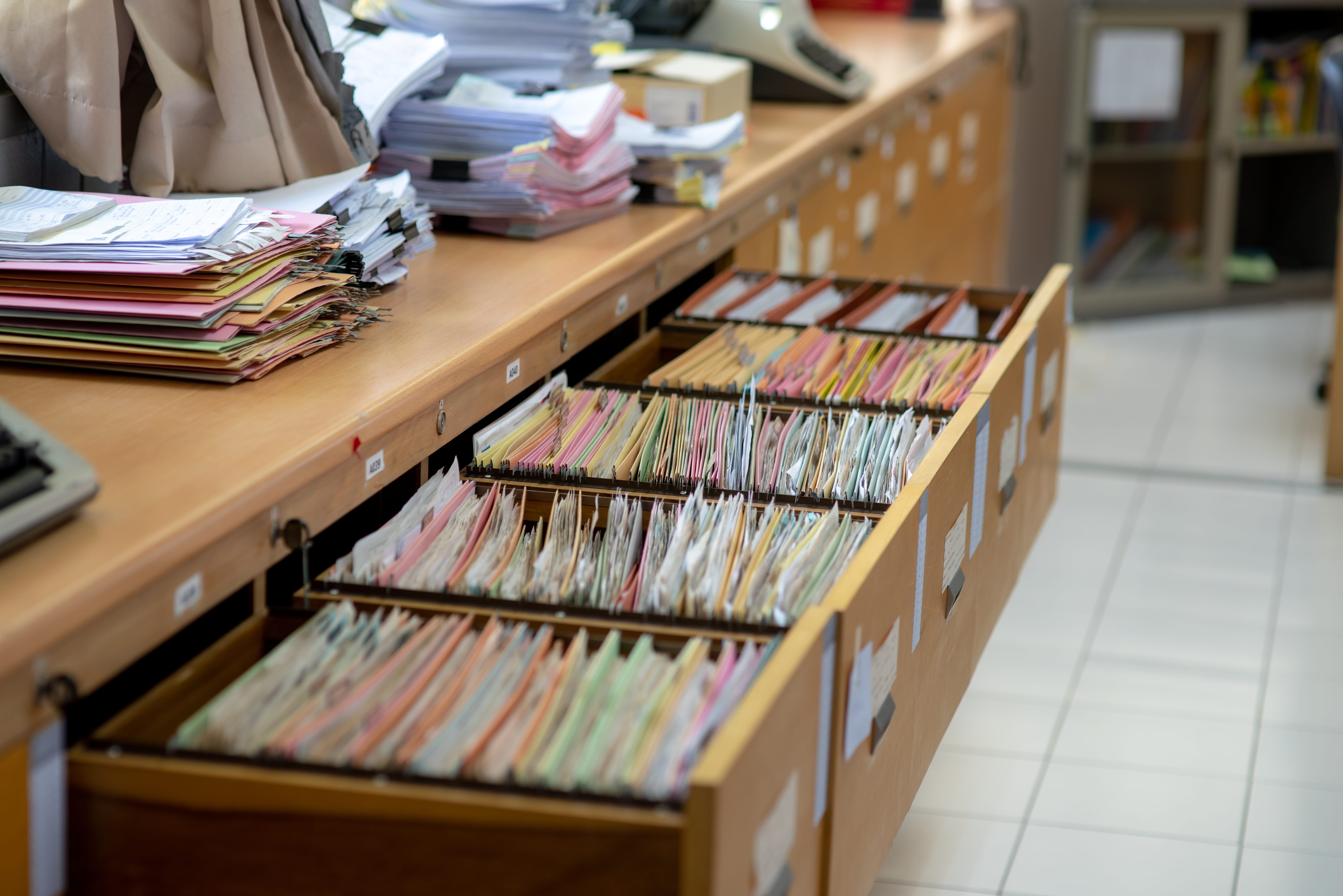 Medical records kept in filing cabinets.