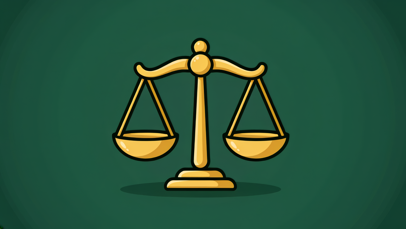 Gold scales of justice centered on a dark green, solid background.